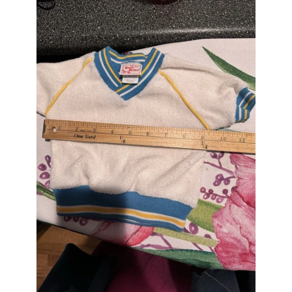 Vtg Buster Brown 12mo Short Sleeve White Blue Yellow Terry Sweat Shirt 1970's